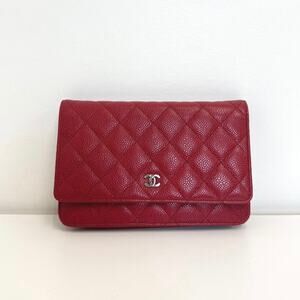 CHANEL Red Caviar Leather Quilted Wallet on Chain Silver CC Logo Crossbody Bag